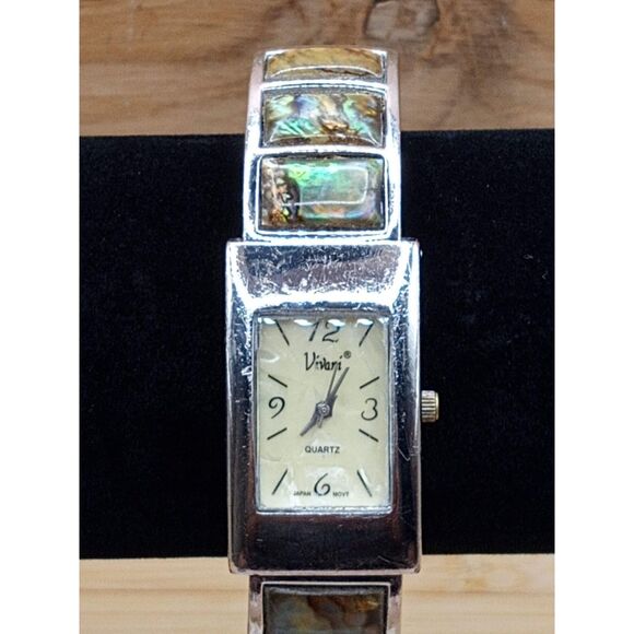 1980s Accutime K977 Vivani Abalone Inset Vintage Cuff Bracelet Watch - Picture 5 of 11